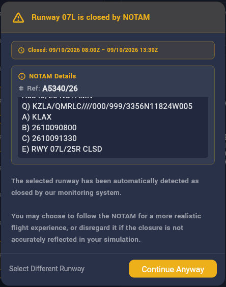 VPT warning that runway 07L is closed by NOTAM, with the closure period and original NOTAM text