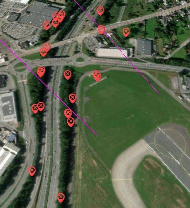 Obstacle analysis showing terrain, buildings and towers catalogued and evaluated against departure and missed-approach paths.